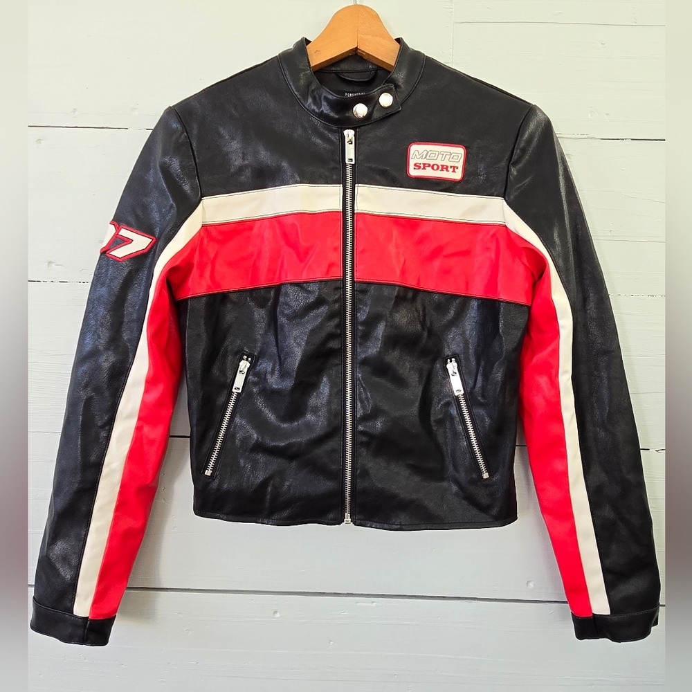 NWT Forever 21  Moto Sport Colorblock Faux Leather Jacket Size Small